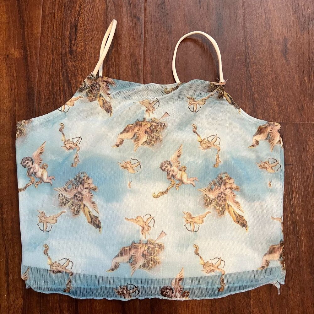 90s Y2K Angel Print Mesh Cami Crop Top Size S